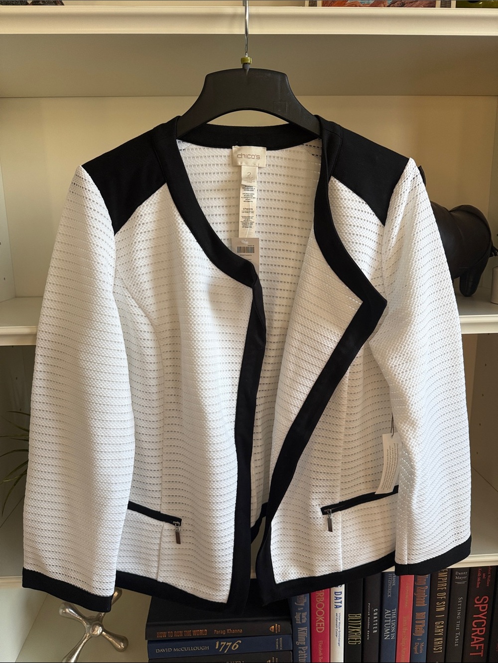 Chico's White Jacket with Black Contrast Trim